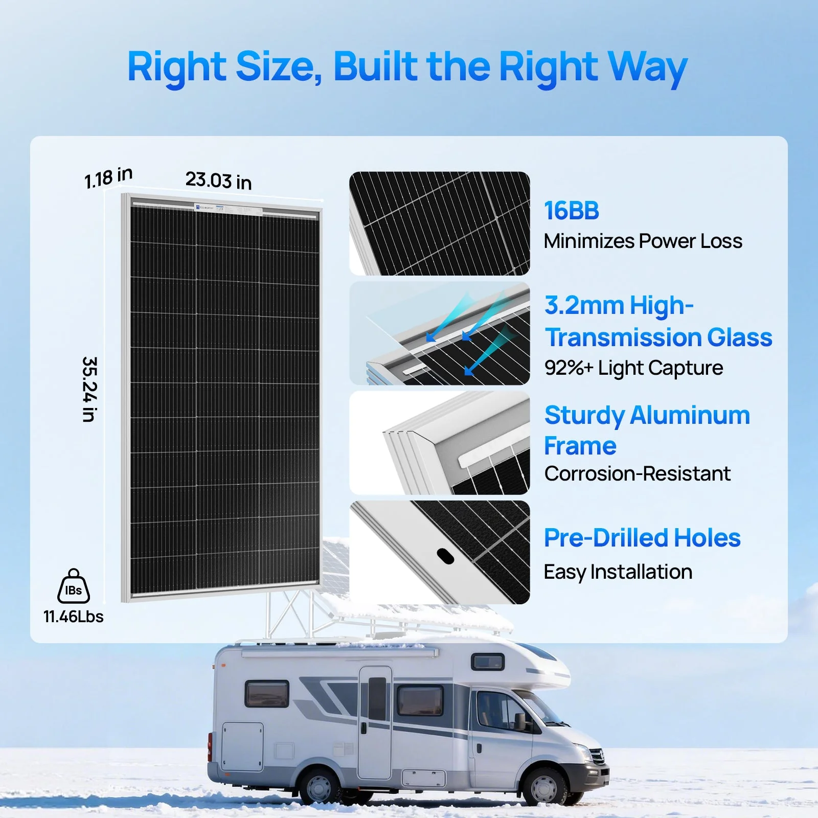 Eco-Worthy 100W 18V Monocrystalline Solar Panel High Efficiency Module RV Marine Boat Caravan Off Grid - Image 6