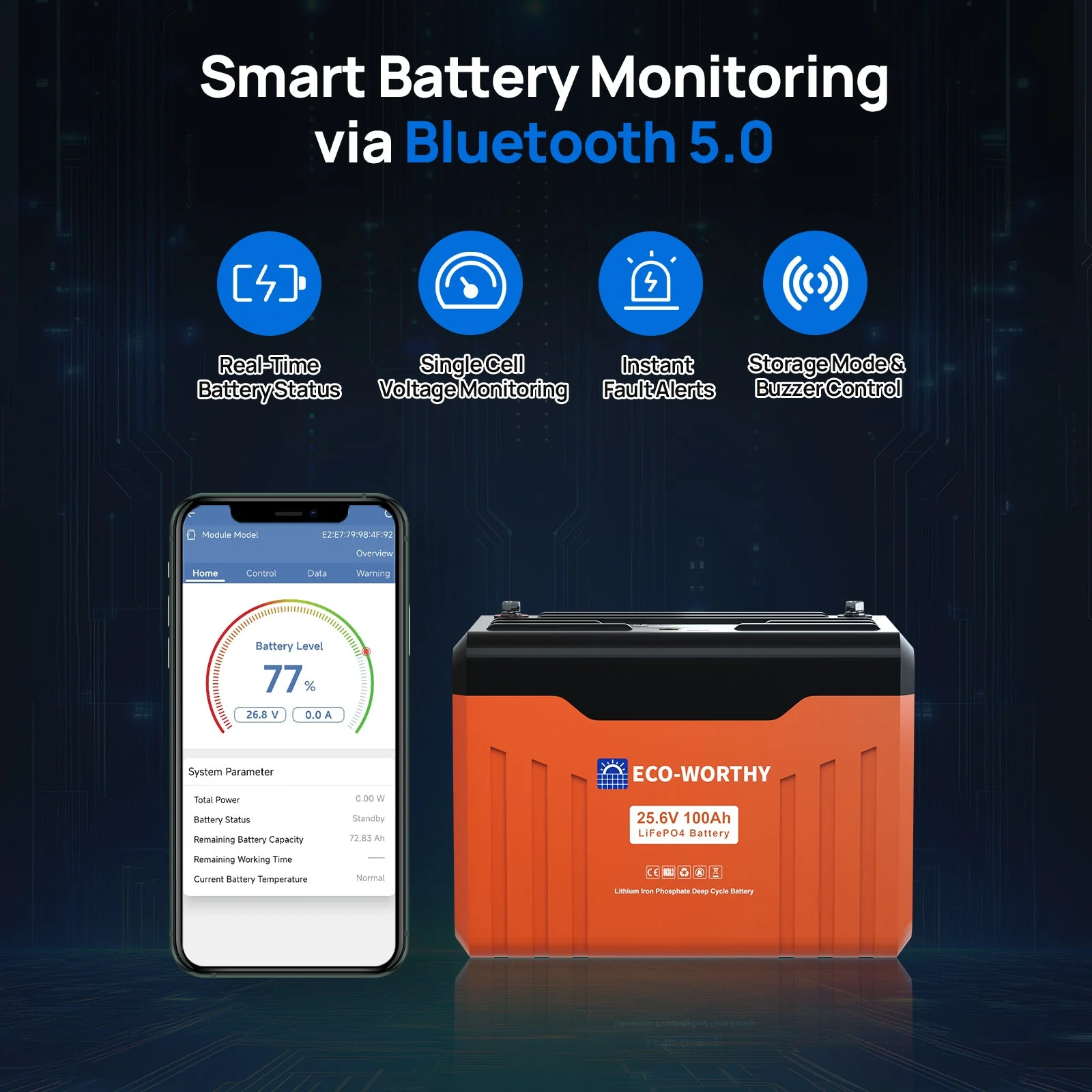 ECO-WORTHY 24V 100Ah Bluetooth Lithium Battery with BMS - Image 4