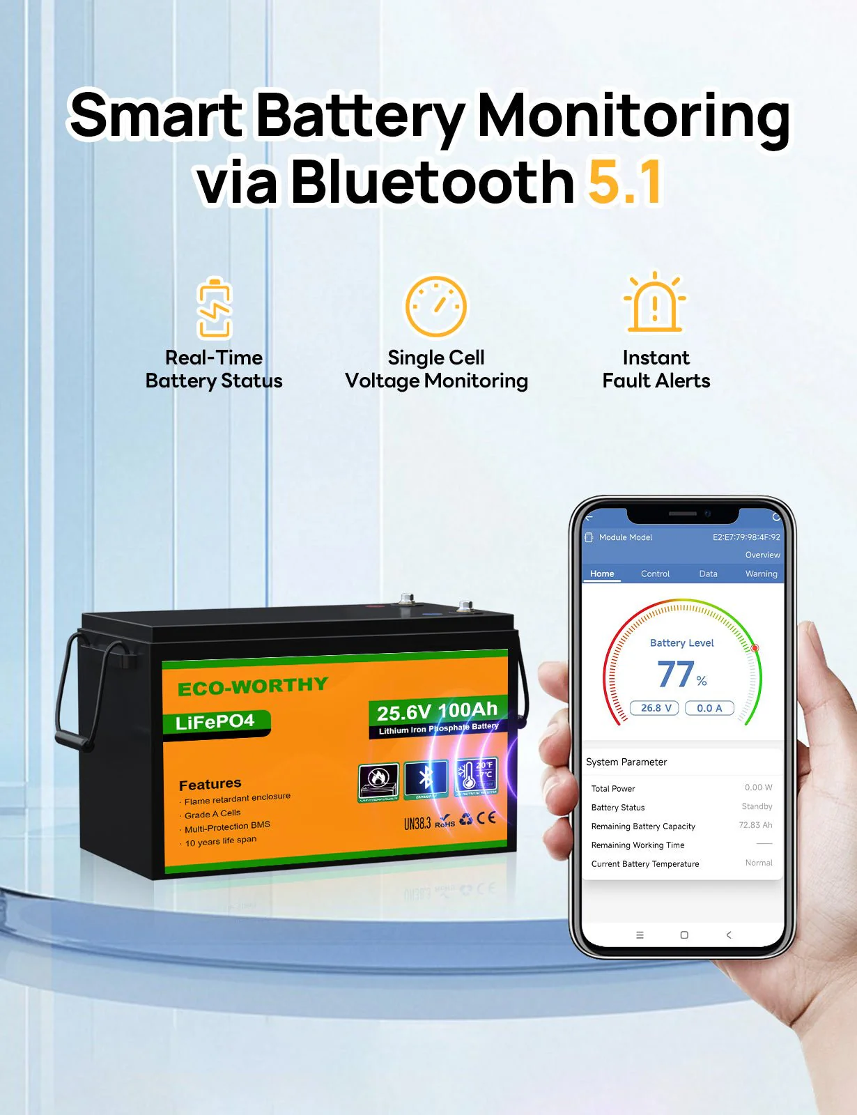 ECO-WORTHY 24V 100Ah LiFePO4 Lithium Battery Bluetooth Low-Temp Protection - Image 10